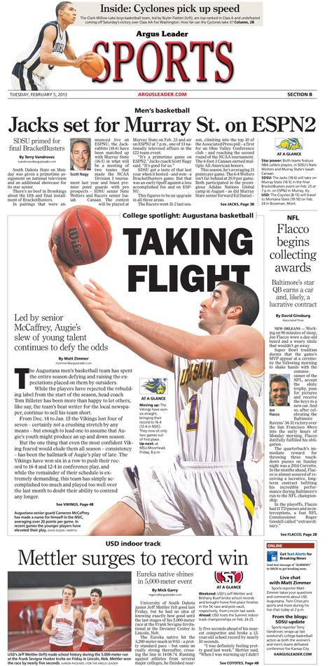 News Design: Sioux Falls Argus Leader's February 5, 2013 sports cover Sports Page Layout Newspaper, News Design Layout, Basketball Newspaper, Sports Layout, Newspaper Vintage, Newspaper Design Layout, Newspaper Background, Editorial Page, Sports Article