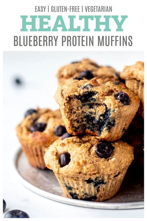 These healthy blueberry protein muffins are sure to be your new favourite breakfast treat! They’re made with simple wholesome ingredients, contain no flour, and are naturally sweetened with applesauce and honey. Best of all, these easy muffins have 8 grams of protein each! {Gluten-free & Vegetarian} Banana Pancake Muffins, Kodiak Cakes Muffins, Protein Breakfast Muffins, Protein Blueberry, High Protein Muffins, Blueberry Protein Muffins, Banana Blueberry Pancakes, Healthy Muffin, Protein Pancake Mix