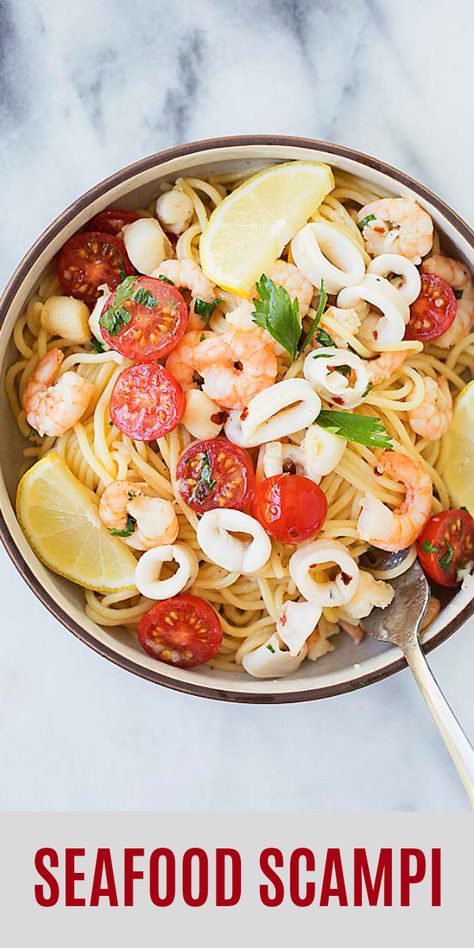 Seafood Scampi - seafood pasta with shrimp, squid and scallops in garlic lemon and butter sauce. So easy and delicious | rasamalaysia.com Shrimp And Calamari Pasta Recipes, Shrimp Calamari Recipe, Shrimp And Squid Recipes, Seafood Scampi Pasta, Squid Pasta Recipe, Seafood Scampi Recipe, Seafood Scampi, Seafood Casserole Recipes, Pasta With Lemon