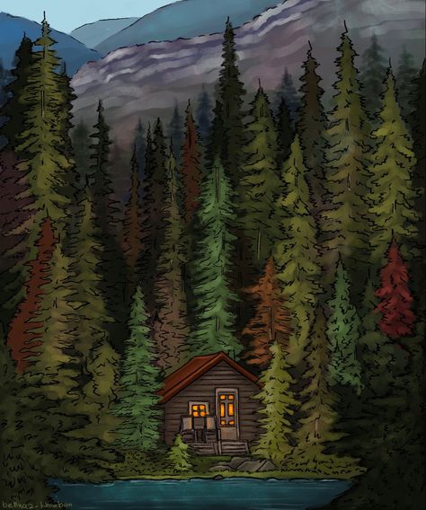 Log Cabin Sketch, Cottage In The Woods Drawing, Cabin In The Woods Concept Art, House In Forest Illustration, Forest Cottage Drawing, House In The Woods Painting, Abstract Forest Painting Acrylics, House In Forest Drawing, Cabin In Woods Painting