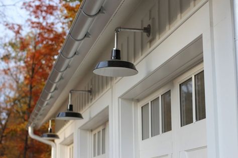 Barn Lighting Offers Authentic Feel in Modern Farmhouse Garage Lights Exterior, Exterior Barn Lights, Garage Light Fixtures, Farmhouse Outdoor Lighting, Modern Farmhouse Porch, Farmhouse Dining Room Lighting, Modern Farmhouse Lighting, Barn Light Electric, Entry Lighting