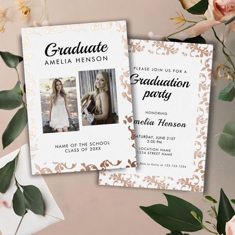 Rococo Pattern Graduate 2 Photo Collage Graduation Foil Invitation Rococo Pattern, Grad Invitations, Black Invitation, Foil Invitations, Class Of 2024, Graduation Announcements, Graduation Invitations, Senior Year, Elementary School