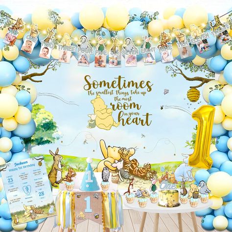 Winnie The Pooh 1st Birthday Boy, Winnie The Pooh First Birthday Boy, Pooh Bear First Birthday, 1st Birthday Decorations Boy, Photo Frame Birthday, 1st Birthday Boy Themes, Book Themed Party, Frame Birthday, Storybook Baby Shower