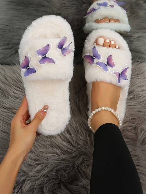 Beige Fashionable Collar   Plain Novelty Slippers Embellished   Women Shoes Purple Shoes Outfit, Fluffy Shoes, Women Slippers Fashion, Crocs Fashion, Fashion Shoes Heels, Butterfly Decor, Comfy Slippers, Shoes Outfit Fashion, Cute Slippers