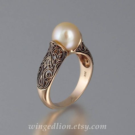 The ENCHANTED PEARL 14K rose gold ring Rose Gold Pearl Ring, White Pearl Ring, Bijoux Art Nouveau, Ring Rosegold, Gold Pearl Ring, Engagement Ring Rose Gold, Customized Jewelry, Jewelry Designer, Pearl Ring