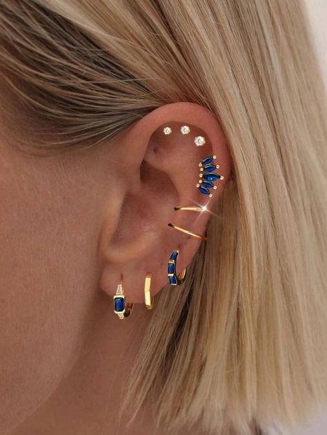 8pcs/set Blue Jewelry Set, Including 3 Embellished Stud Earrings, 2 Ear Clips, And 5 Earrings Royal Blue    Copper     Women Fashion Jewelry, size features are:Bust: ,Length: ,Sleeve Length: Blue Earring Stack, Blue Jewelry Set, Earring Stack, Cute Ear Piercings, Ear Clips, Earring Sets, Azul Real, Jewelry Accessories Ideas, Ear Cuff Earings