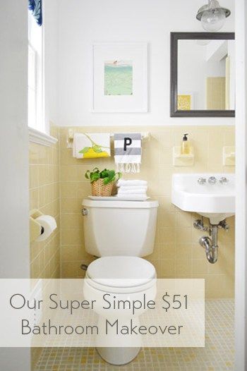 our-super-simple-cheap-bathroom-makeover Yellow Tile Bathroom, Vintage Yellow Bathroom, Yellow Bathroom Tiles, Yellow Bathroom Walls, Cheap Bathroom Makeover, Yellow Bathroom Decor, Young House, Yellow Tile, Retro Bathrooms