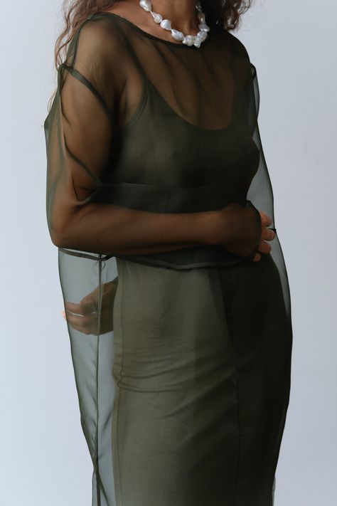 The Organza Dress is crafted from 100% silk and features, piping details throughout, side slits at the bottom, and a boxy fit. Please note this is a sheer style as intended. We love to layer it with The Jersey Slip Dress for coverage. Made in Los Angeles Sheer Dress Outfit, Insect Dress, Organza Outfit, Organza Fashion, Organza Dresses, Sheer Overlay Dress, Dress Layering, Dress Organza, Striped Pant