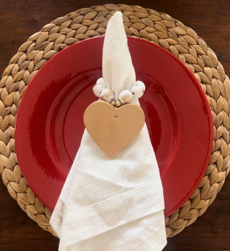 Add the perfect Valentines touch to your dining table with these unique napkin rings. The beads are finished in white and brushed gold (or brushed red) with gold accent beads. The hand designed clay heart has a gold leaf finish and adds an elegant feel to your table decor. They are perfect for dressing up or down! #napkinrings #valentinesgift #valentinesdaydecor #valentinesdining #heartnapkinrings #heartdecor #beadednapkinrings #napkinholders #diningdecor #bridalshower #weddinggift Beaded Napkin Rings, Clay Heart, Valentines Day Decor, Napkin Holders, Rings Gold, China Sets, Heart Decorations, Oyster Shell, Gold Accent