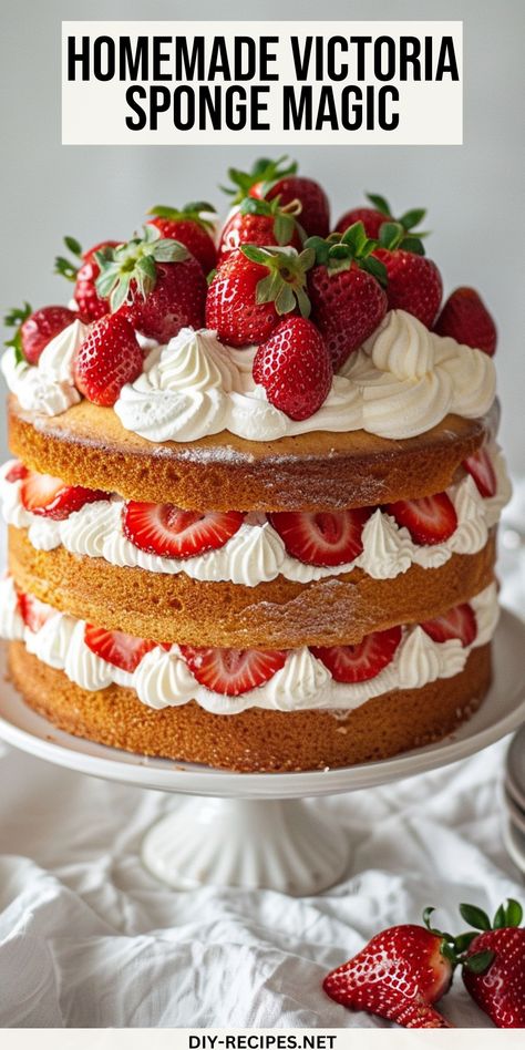 Achieve light and fluffy perfection with our Victoria Sponge Cake recipe, filled with fresh cream and sweet strawberry jam. Strawberry Victoria Sponge Cake, Strawberries And Cream Sponge Cake, Layered Sponge Cake Recipe, Victoria Sponge Birthday Cake, Victoria Sponge Cake Decoration, Sponge Cake Decoration Ideas, Victorian Sponge Cake Recipe, Strawberry Sponge Cake Recipe, Quick Birthday Cake