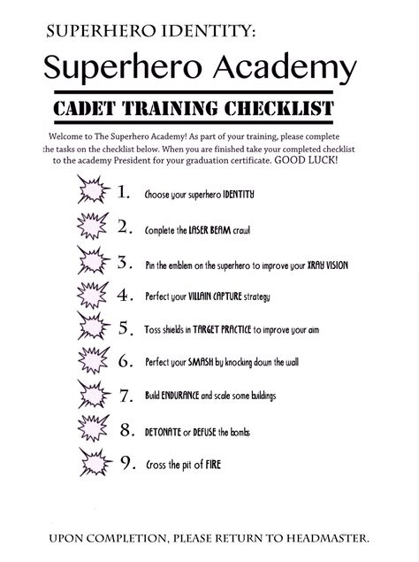 Superhero training checklist Superhero Training, Superhero Training Camp, Superhero Lessons, Super Hero Training, Teen Titans Birthday Party, Super Hero Games, Superhero Camp, Dance Fundraisers, 4th Birthday Boys