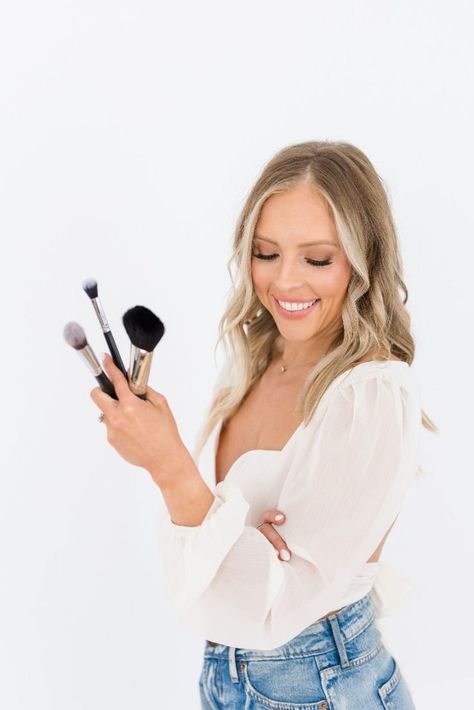 Makeup artist branding photos in a white studio with makeup brushes Soft Glow Makeup, Artist Branding Photos, Makeup Artist Headshots, Makeup Artist Branding Photoshoot, Makeup Artist Photoshoot Ideas, Artist Photoshoot Ideas, Artist Branding Photoshoot, Makeup Artist Photoshoot, Artist Headshots