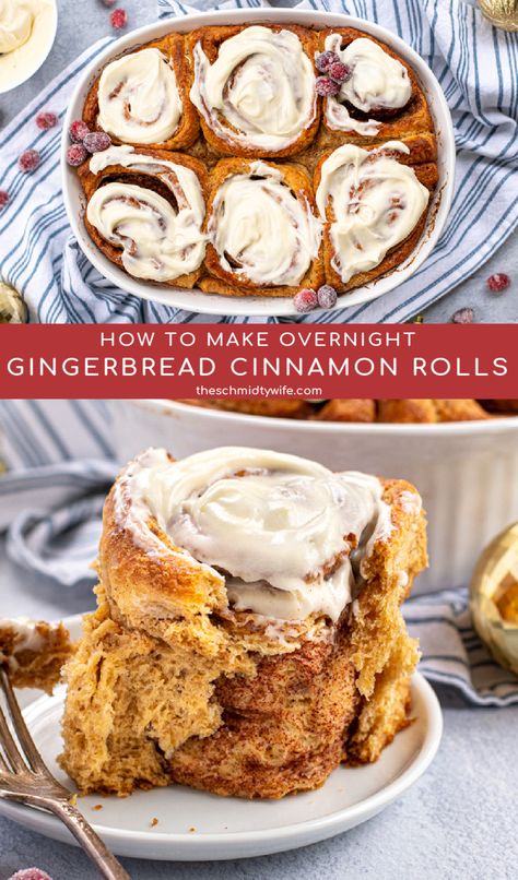 Nothing is better than fresh baked cinnamon rolls, that is unless they are Gingerbread Cinnamon Rolls made easy to rise overnight for ease and convenience in the morning! Topped with sweet cream cheese frosting, this is a must make holiday morning treat! Cinnamon Rolls Overnight, Gingerbread Cinnamon Rolls, Cottage Food, Cinnamon Roll Recipe Homemade, Sweet Roll Recipe, Bread Dishes, Fall Baking Recipes, Sweet Temptation, 2024 Recipes