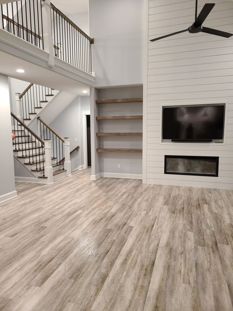 Shiplap Fireplace With Tv Built Ins, Electric Fireplace With Vaulted Ceiling, Shiplack Fireplace Wall, Shiplap Tv Wall, Built In Tv, Living Room Playroom, Linear Fireplace, Shiplap Fireplace, Shiplap Wall