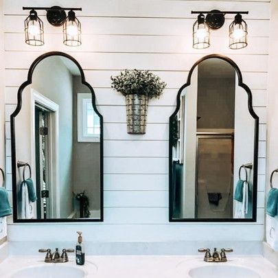 Black Farmhouse Mirror, Kirkland Mirror Bathroom, Modern Farmhouse Bathroom Mirrors, Black Bathroom Mirror Ideas, Farmhouse Mirror Bathroom, Bathroom Black Mirror, Kirkland Mirror, Boho Farmhouse Bathroom, Farmhouse Bathroom Mirror