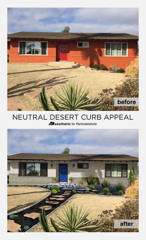 Southwestern stucco doesn't have to be "adobe orange" -- get some neutral desert curb appeal inspiration and ideas with this beautiful virtual makeover by AD Aesthetic on Remodelaholic.com Mid Century Modern Curb Appeal, Colonial Porch, Ad Aesthetic, Southwest House, Private Idaho, Ranch Houses, Desert House, Home Exterior Makeover, Porch Makeover