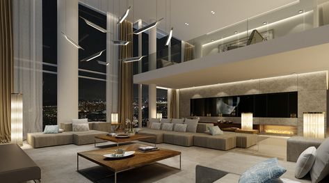 Luxury Penthouse Living Room, Living Room With High Ceilings, Penthouse Living Room, Room With High Ceilings, Penthouse Interior, Penthouse Design, Penthouse Living, Wall Decoration Ideas, Luxury Penthouse