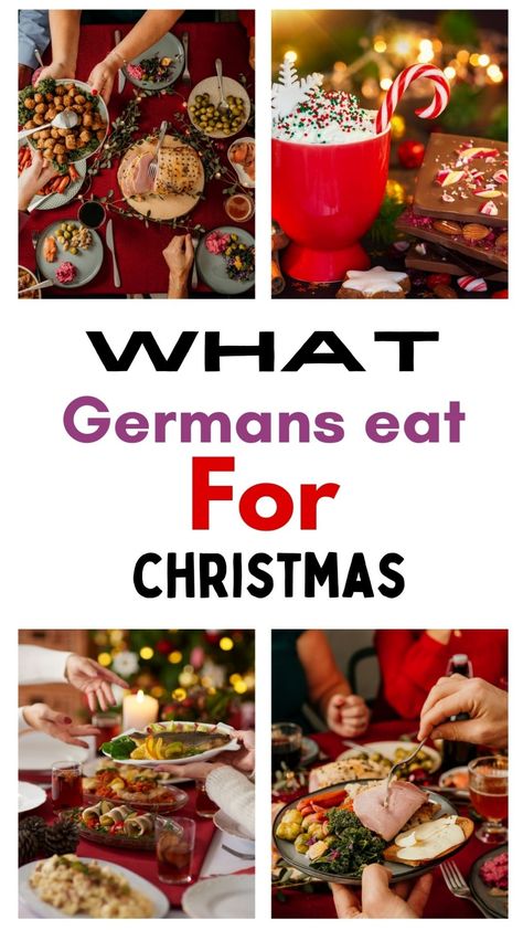 Various traditional German Christmas foods displayed on a table, including festive desserts and family meals. German Christmas Meal, Christmas Eve Menu Ideas, Non Traditional Christmas Dinner, German Christmas Dinner, Alternative Christmas Dinner, Christmas Traditions In Germany, Christmas Menu Ideas, French Christmas Traditions, Christmas Eve Dinner Ideas