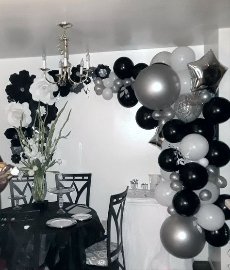 Paper flower background, table, and balloon deco were black, white, grey. and silver Black White And Grey Birthday Decorations, Black And Grey Themed Birthday Party, Black And Grey Birthday Decorations, Black And White School Dance Decorations, Black And White Prom Decorations, Black And Grey Birthday Party Decor, Black And White Bday Party Ideas, Birthday Party Black And Silver, Black White And Silver Birthday Theme