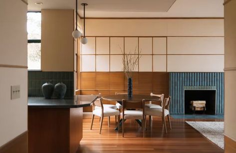 Solange is selling her long-term LA loft Blue Fireplace, Interior Fireplace, 1930s Home, Bauhaus Interior, Mahogany Flooring, Modernist Home, Clad Home, Timber Ceiling, San Francisco Houses