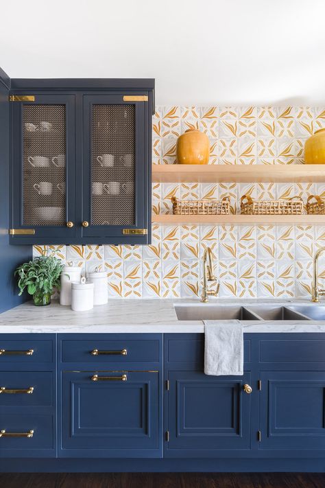 Taylor Anne Interiors Riviera Portuguese Kitchen, Printed Tile, Blue Cabinets, Moroccan Tiles, Butler's Pantry, Southern Home, Lavatory Faucet, Deep Gray, Luxury Bath