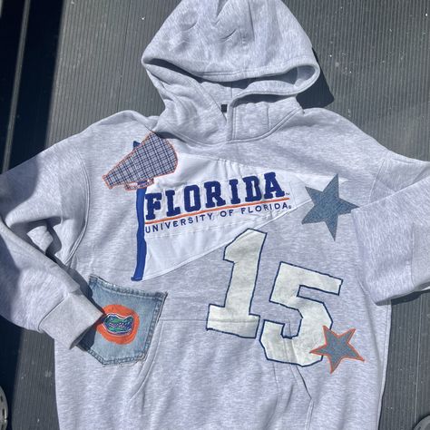 College pennant hoodie UF pennant hoodie custom hoodie custom florida gators UF game day Custom Game Day Outfit, College Pennant Hoodie, Pennant Hoodie Diy, Patchwork College Sweatshirt, Pennant Sweatshirt, Pennant Hoodie, Homemade Hoodie, Uf Game Day, School Memories Scrapbook