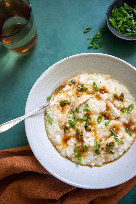 Congee with Roasted Chicken, Ginger and Scallions Rice Casseroles, Chicken Congee, Congee Recipe, Chicken Ginger, Chicken Rice Casserole, Under The Weather, Rice Casserole, Chicken Rice, Roast Chicken