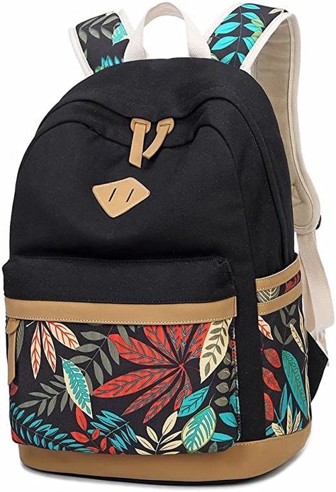 LuckyZ Women Backpack Lightweight Canvas Leather Daykpack Laptop School Bag Cute Printng Travel Shoulder Bookbags Leaf Black #afflink School Bag Cute, Cute Backpacks For School, Traveling Fashion, Student Laptop, Backpacks Travel, Canvas Backpacks, Handmade Fabric Bags, Backpack Outfit, Diy Backpack