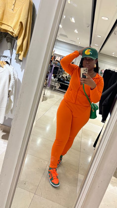 Dunks, Miami Hurricane Dunks, Black girl, Street wear, outfit Team Gold Dunks Outfit, Orange And Green Dunks Outfit, Green And Orange Dunks, Miami Dunks Outfit, Orange And Green Outfit Black Woman, Bart Simpson Dunks Outfit, Reverse Brazil Dunks Outfit, Safari Dunks Outfit, Argon Dunks Outfit