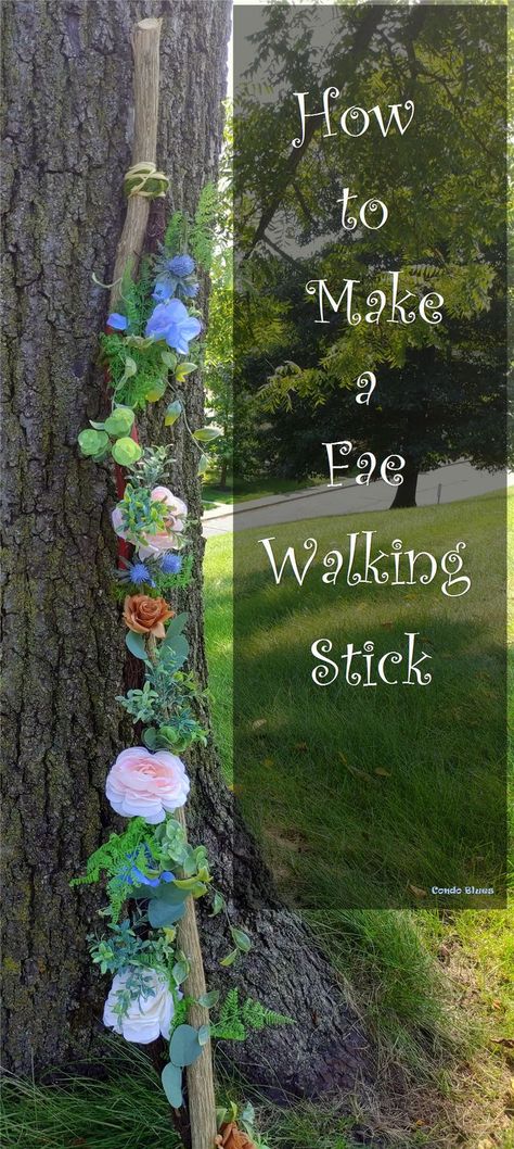 How to make a renaissance festival or fanstasy style walking stick for your fairy, fae, elf, wizard, or witch Halloween costume #DIYfairyprop #fae #fairy #elf #wizard #witch #aestheticasecthic #DIYcostumeideas #Halloweencostume #cottagecore Fairy Staff, Acorn Fairy, Fae Costume, Forest Fairy Costume, Elf Wizard, Garden Fairy Costume, Fairy Costume Diy, Make A Fairy, Fest Ideas