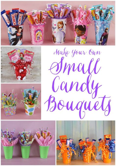 Miss Kopy Kat blog...tutorial on : Making Small Candy Bouquets...great to make for groups (like a team or classroom) or for party favors, etc. Very inexpensive.: Candy Boquets, Candy Arrangements, Wooden Skewers, Candy Bouquet Diy, Candy Grams, Candy Bouquets, Candy Cakes, Clear Tape, Candy Crafts