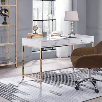 Everly Quinn Shawndell Lacquer Writing Desk | Wayfair Rose Gold Home Office, High Gloss Desk, Gold Home Office, Gold Desk, French Country Bedrooms, Desk Wood, Pc Table, Bedroom Desk, Study Space