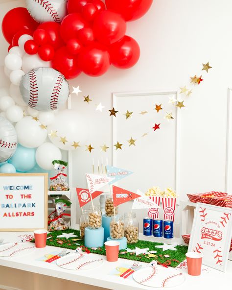 Rookie Year Baseball Birthday Party | CatchMyParty.com Baseball Party Table, Baseball Party Decor, Baseball Party Invitations, Baseball Theme Birthday Party, Baseball Theme Birthday, Sports Birthday Party, Baby Boy 1st Birthday Party, Baseball Birthday Party, Custom Birthday Invitations