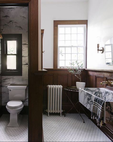 Casual Friday: The One Where Chris Convinces Everyone They Need A Bidet (& A lot More) - Chris Loves Julia The Grit And Polish, Grit And Polish, Wood Wainscoting, Wall Closet, Bathroom Redesign, Oak Panels, Marble Sinks, Board And Batten, Wainscoting