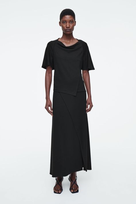 ASYMMETRIC COWL-NECK T-SHIRT - BLACK - Tops - COS Wrap Midi Skirt, Tailoring Jeans, Denim Sweater, Short Coat Jackets, Knitwear Dress, Black Midi Skirt, Cardigan Top, Knitwear Cardigan, Dress Trousers