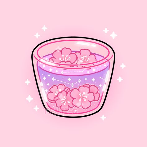 #cherry #blossom #tea #cup #drink #cute #kawaii #sakura #flowers #pink #purple #stars #sparkles #glass #soft #aesthetic #digitalart #digitalartist #art #drawing #illustration #sticker Sakura Cherry Blossom Drawing, Sakura Doodle, Cherry Blossom Tea, Cherry Blossom Drawing, Purple Stars, Bottle Drawing, Sakura Flowers, Food Illustration Art, Cute Food Drawings