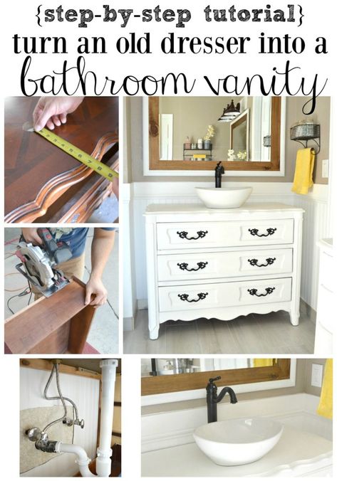 Dresser Into Bathroom Vanity, Dresser To Vanity, Greek Broccoli, Dresser Vanity Bathroom, Farmhouse Style Bathroom Vanity, Neon Background, Vanity Makeover, Bathroom Vanity Makeover, Dresser Vanity