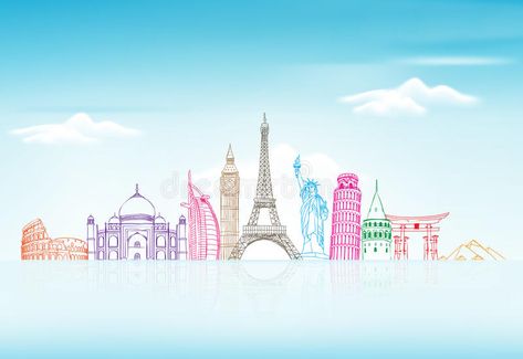 Travel and Tourism Background with Famous World Landmarks stock illustration Landmarks Illustration, Monochrome Icons, Tourism Background, Drawing Elements, Realistic Background, World Landmarks, Oil Pastel Colours, Realistic Sketch, Travel Collage