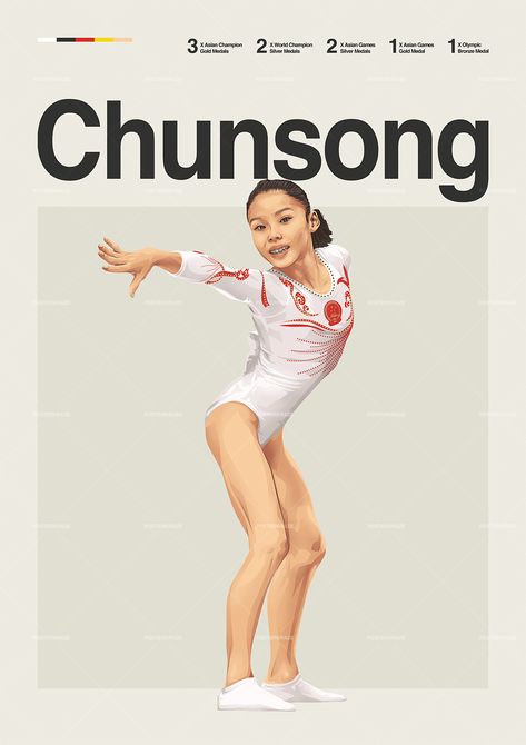 Shang Chunsong poster featuring a mid century modern design style. The high-quality print showcases a beautiful digital drawing of Shang Chunsong. Perfect for any gymnastics fan looking to add some flair to their living space. Gymnastics Art, Gymnastics Posters, Sports Posters, Contemporary Mid Century, Olympic Gymnastics, Contemporary Mid Century Modern, Asian Games, Sport Poster, Die Hard