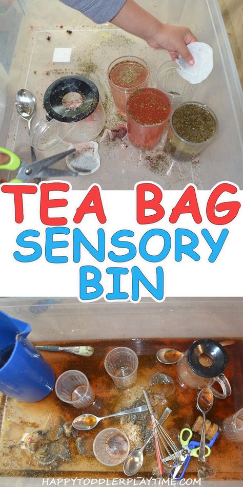 Tea Bag Sensory Bin – HAPPY TODDLER PLAYTIME Tea Sensory Bin, Tea Sensory Play, Tuff Tray Science, Sensory Tray Ideas Toddlers, Water Play Eyfs, Science Sensory Bin, Messy Play Ideas, Messy Play Activities, Sensory Tray