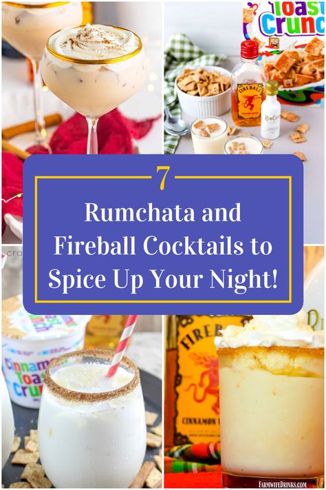 Collage of 4 rumchata and fireball cocktails. Rum Chata And Fireball Drinks, Fireball Cocktail Recipes, Fireball And Cream Soda, Rumchata And Fireball, Fireball Drinks Recipes, Horchata Cocktail, Rumchata Cocktails, Soda Drinks Recipes, Fireball Cocktails