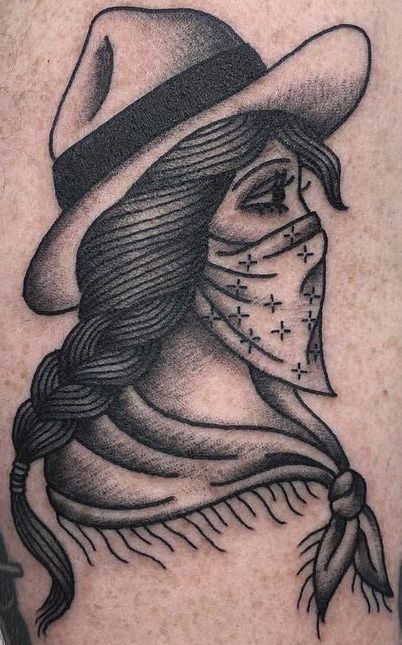 Traditional Cowgirl Tattoo Flash, Old West Tattoo Ideas, Chest Tattoo Traditional Women, Cowgirl Skull Tattoo, Cowgirl Portrait Tattoo, Outlaw Women Tattoo, Western Girl Tattoo, Western Gothic Tattoo, Vintage Cowgirl Tattoo