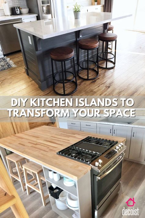 Build your DIY kitchen island with ample storage, which can also accommodate your cooking range. Or add barstools to make your island a breakfast bar. Diy Breakfast Bar Island, Diy Kitchen Island With Stove, Kitchen Island With Wine Fridge, Kitchen Island With Stove Top, Island With Stove Top, Island With Wine Fridge, Diy Kitchen Islands, Breakfast Bar Island, Portable Island