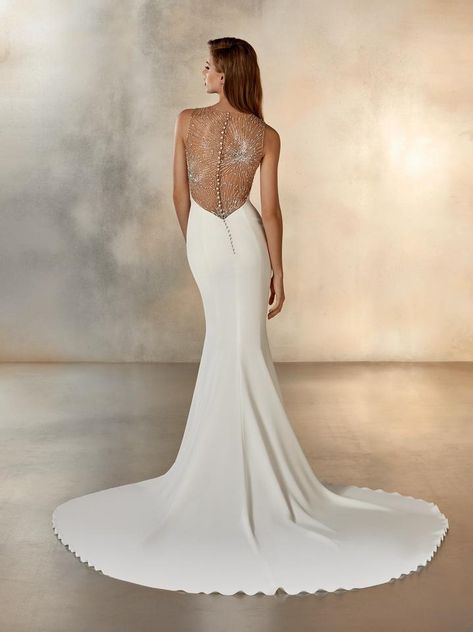 Pronovias Off White/Crystal Crepe Galaxy Feminine Wedding Dress Size 8 (M) - Tradesy High Neck Mermaid Wedding Dress, Wedding Dress Crafts, Galaxy Wedding, Pronovias Bridal, Sincerity Bridal, Galaxy Dress, Halter Wedding Dress, Pronovias Wedding Dress, Crepe Wedding Dress