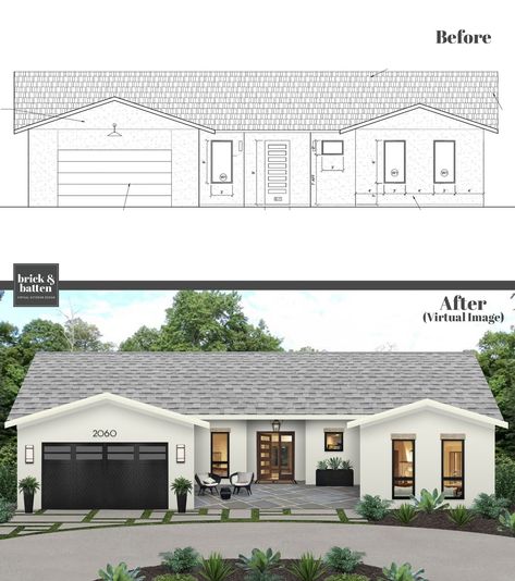 White Ranch House Exterior, Outdoor House Paint Colors, Garage Facade, Dark Garage, Outdoor House Paint, Home Exterior Paint, Renovation Facade, Brick Ranch Houses, White Exterior Houses