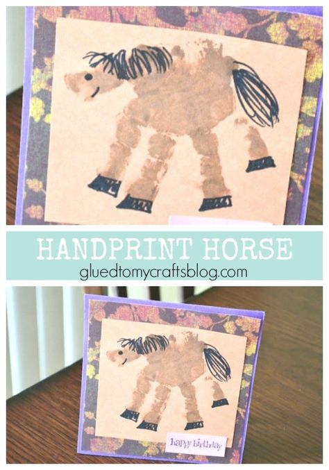 For those who absolutely LOVE horses! This Handprint Horse Keepsake Card is super easy to make and drop in the mail today! Handprint Horse, Horse Crafts Kids, Wild West Activities, Rodeo Crafts, Horse Keepsake, Wild West Crafts, Cowboy Crafts, Wild West Theme, Western Crafts