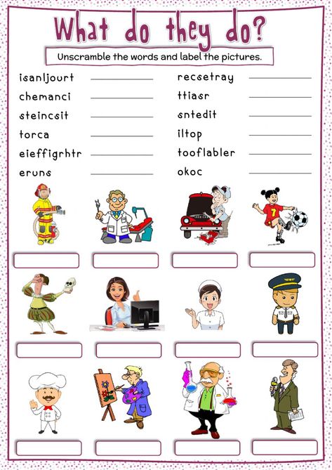 Jobs - What do they do? worksheet Jobs Worksheet, Portuguese Lessons, School Jobs, Drawing Lessons For Kids, 1st Grade Worksheets, Picture Description, Vocabulary Worksheets, Educational Worksheets, Free Printable Worksheets