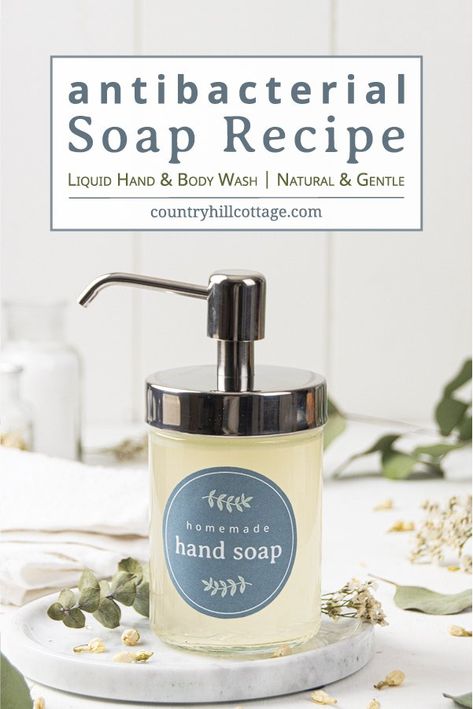 This vegan DIY antibacterial soap with essential oils is a gentle way to clean your hands! See how to make the best homemade liquid handwash with natural organic ingredients at home. The simple soap making recipe is great for beginners. Safe for kids, won’t dry out the skin. The easy antibacterial hand and body soap includes tips for containers, supplies, uses and free printable for packaging. Step by step liquid soap tutorial. #liquidsoap #handsoap #antibacterial #soap | countryhillcottage.com Homemade Liquid Soap, Homemade Hand Soap, Hand Soap Recipe, Diy Hand Soap, Natural Hand Soap, Diy Soap Bars, Simple Soap, Soap Tutorial, Soap Making Recipes