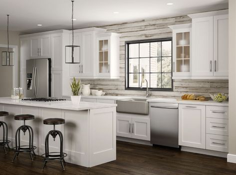 Shop our Kitchen Cabinets Department to customize your Newport Cabinet Accessories in Pacific White today at The Home Depot. Dapur Rustic, Home Depot Kitchen, Model Dapur, Shaker Door Styles, Kabinet Dapur, Plywood Cabinets, Wall Kitchen, Classic Kitchen, White Kitchen Cabinets