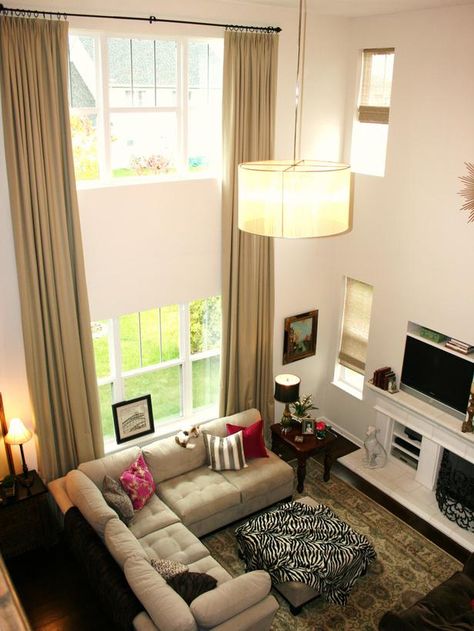 Two story living room Tall Curtains, High Ceiling Living Room, Window Treatments Living Room, Tall Windows, Living Room Arrangements, Curtains Ideas, Long Curtains, Trendy Living Rooms, Curtains Living